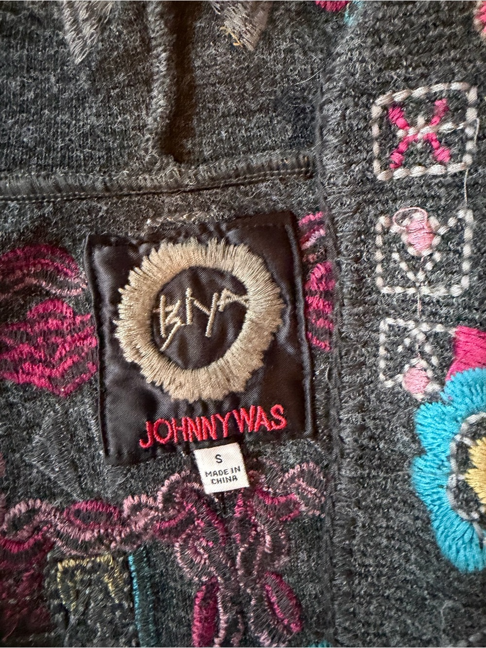Johnny Was Biya Charcoal Cardigan with Pink and Turquoise Embroidery, Hooded - Picture 4 of 7